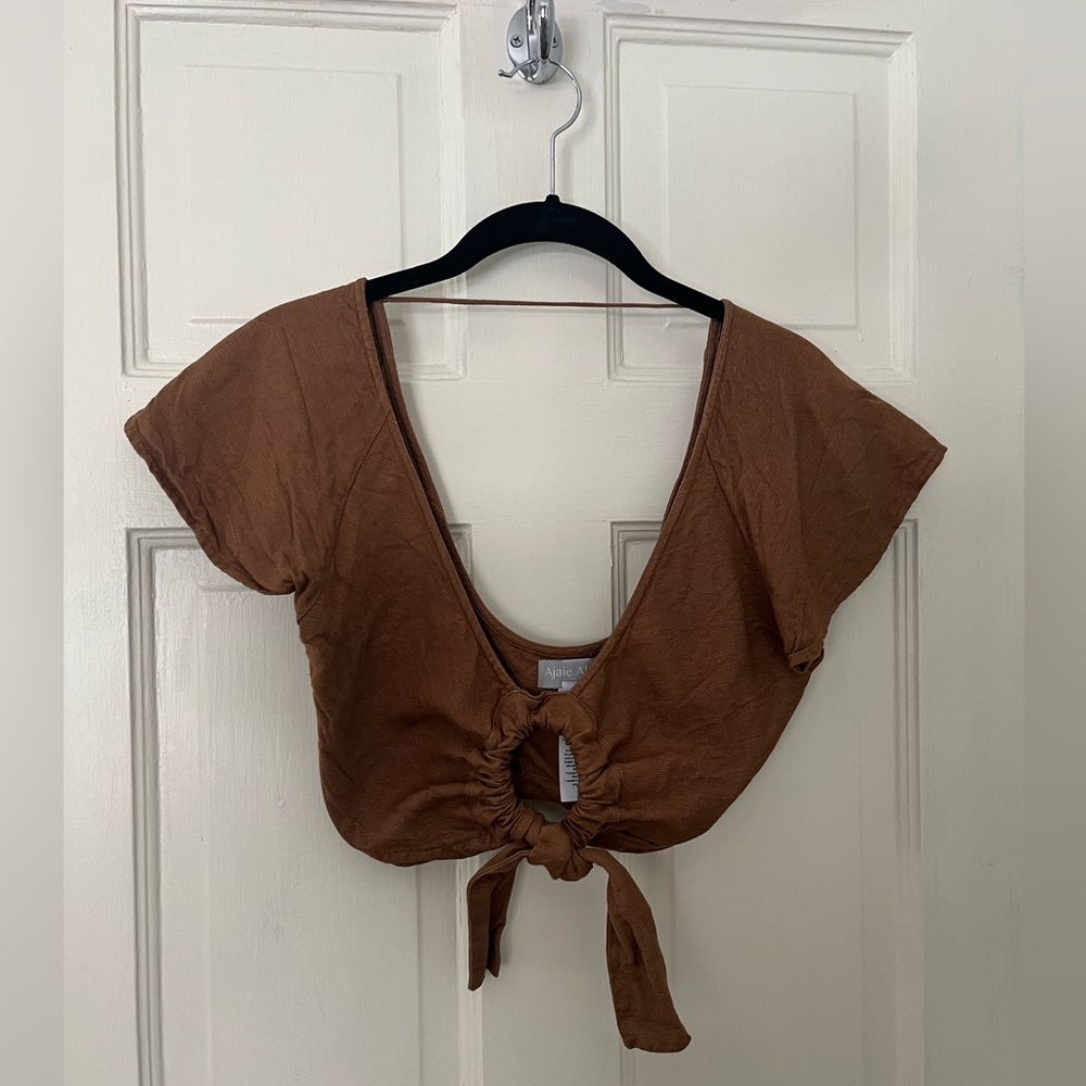 Brown Linen Tie-Front Crop Top